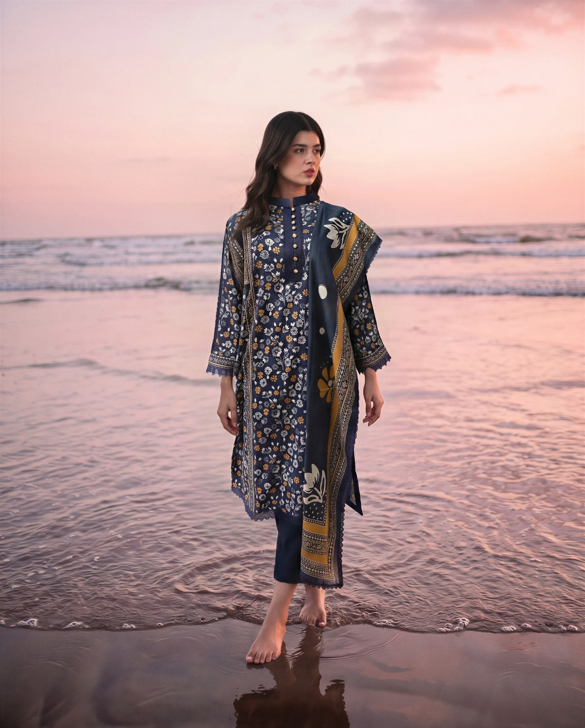 Bin Saeed Navy Printed 3-Piece Suit | 24439