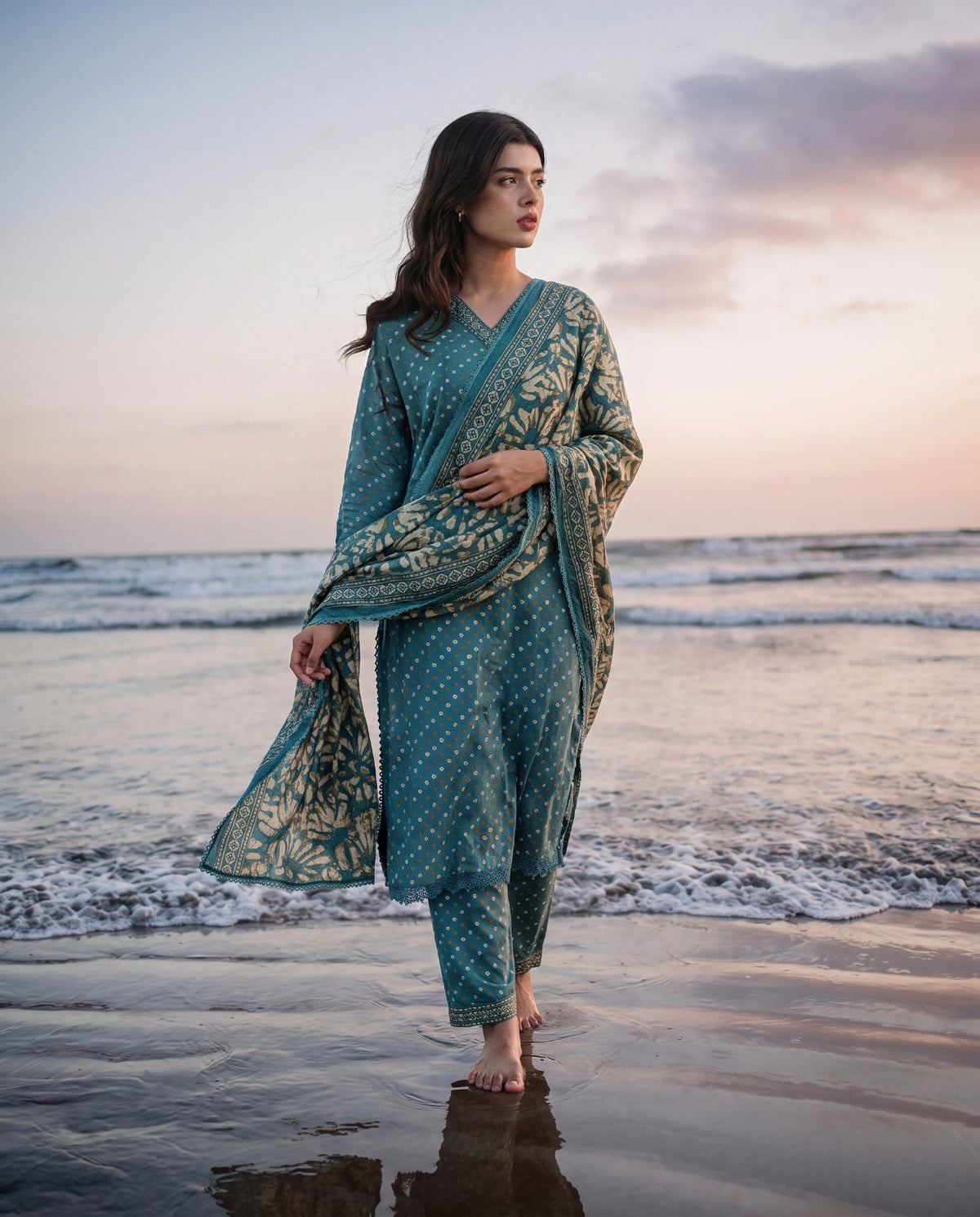 Bin Saeed Teal Printed 3-Piece Suit | 24440