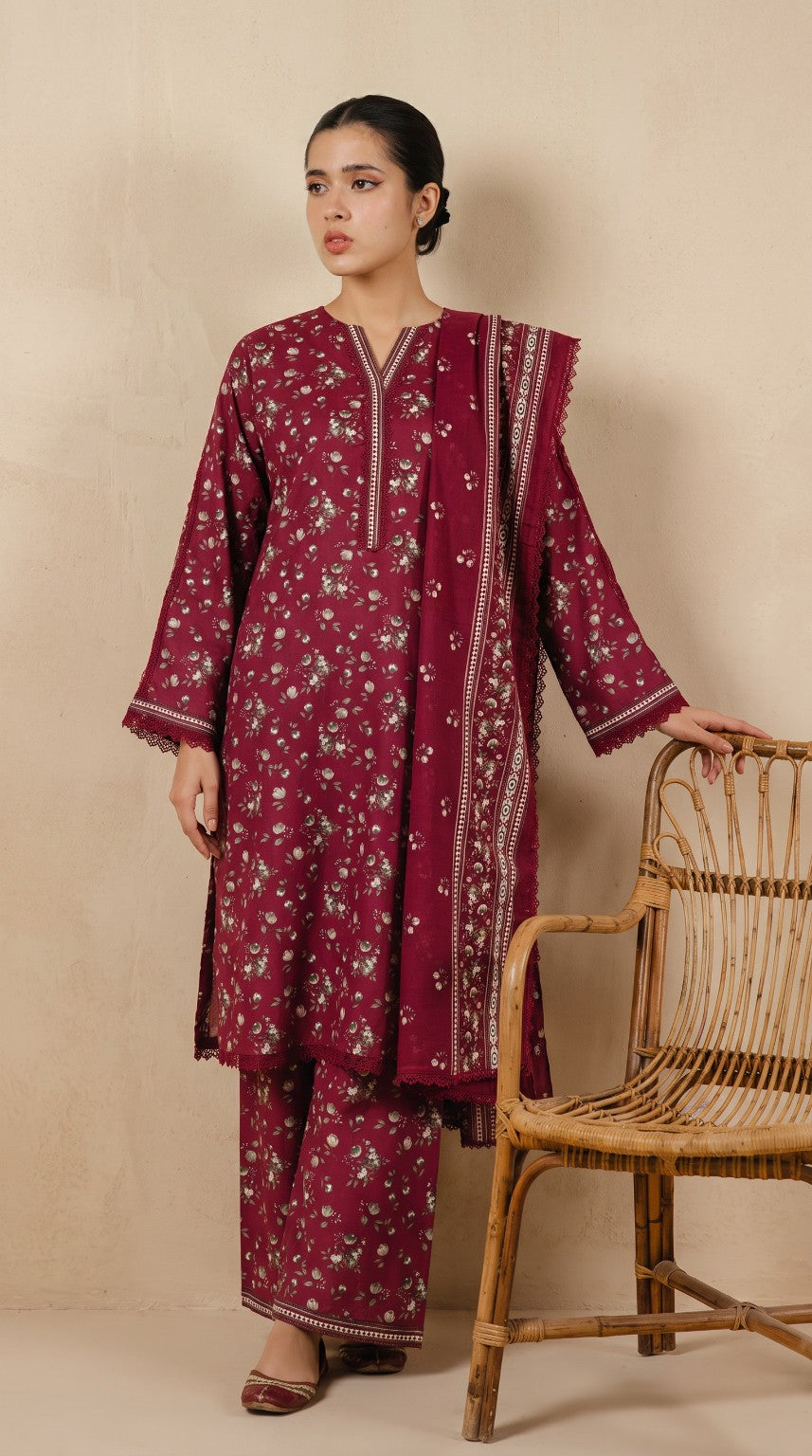Bin Saeed Burgundy Printed 3-Piece Suit | 24441