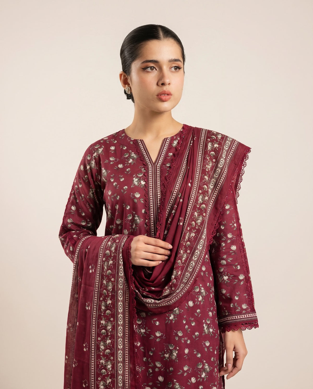Bin Saeed Burgundy Printed 3-Piece Suit | 24441
