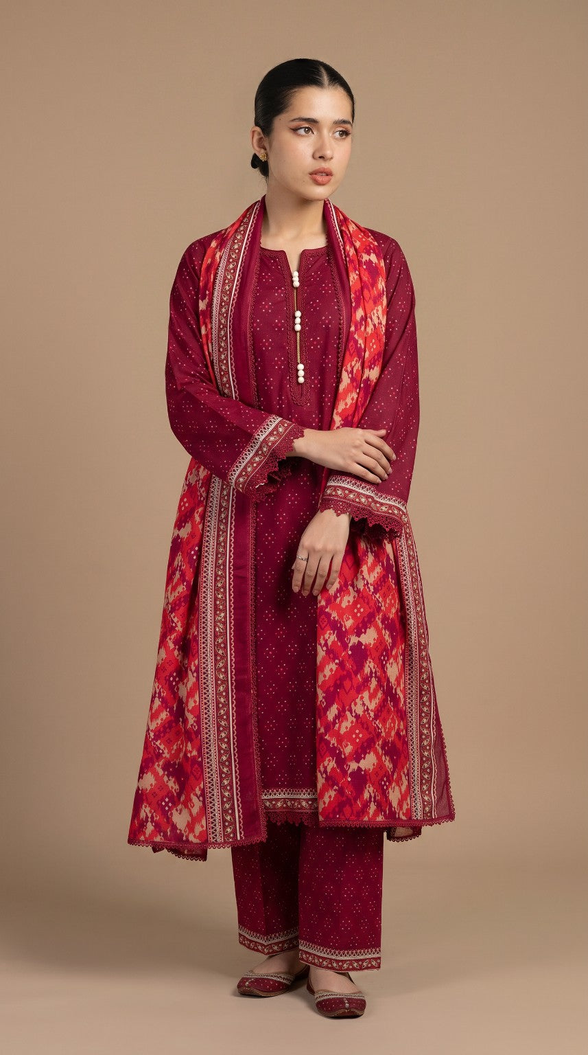 Bin Saeed Crimson Red Printed 3-Piece Suit | 24490