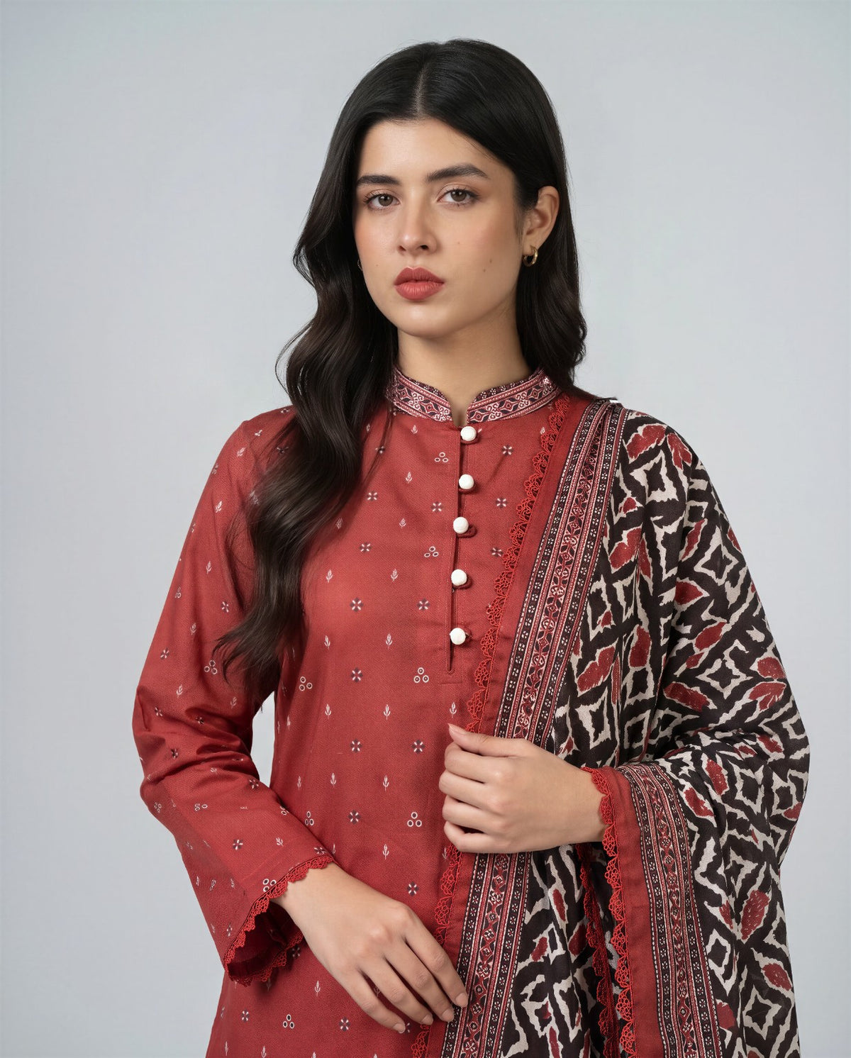 Bin Saeed Rust Printed 3-Piece Suit | 24505