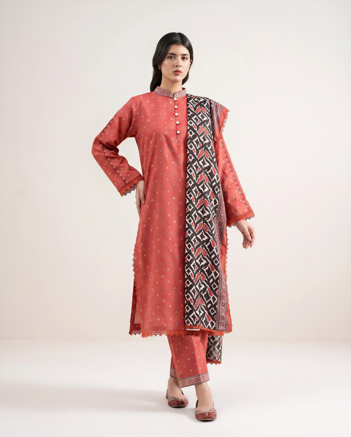 Bin Saeed Rust Printed 3-Piece Suit | 24505