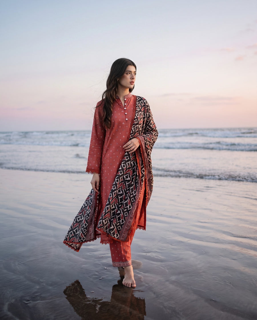 Bin Saeed Rust Printed 3-Piece Suit | 24505