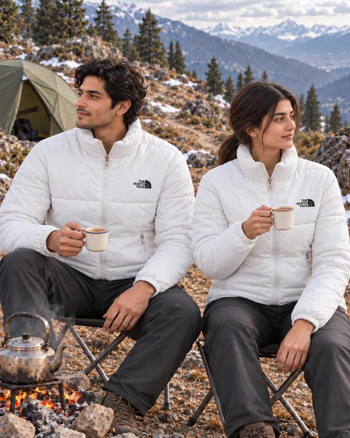 Two models in white puffer jackets enjoying chai beside a mountain campsite