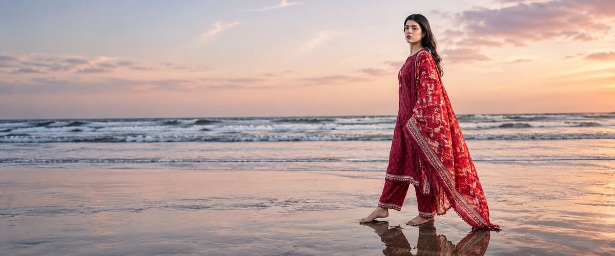 Bin Saeed Crimson Red Printed 3-Piece Suit | 24490