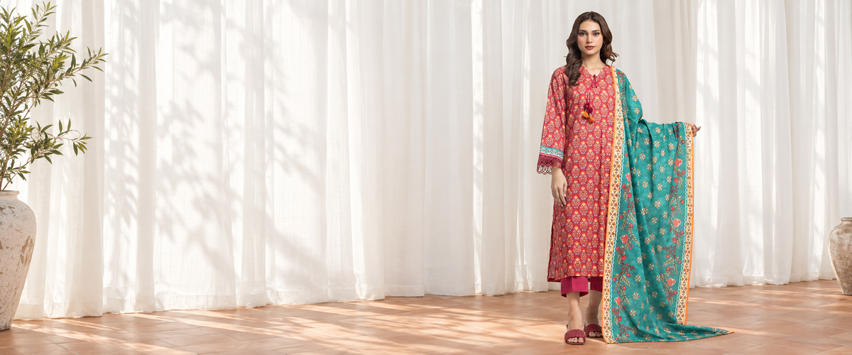Edenrobe Allure Pink Lawn 3-Piece Suit | EWU6A1-36704-3P