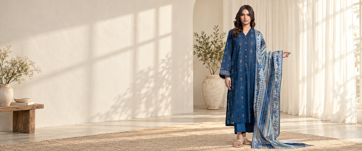 Edenrobe Allure Navy Khaddar 3-Piece Suit | EWU6A3-37017-3P