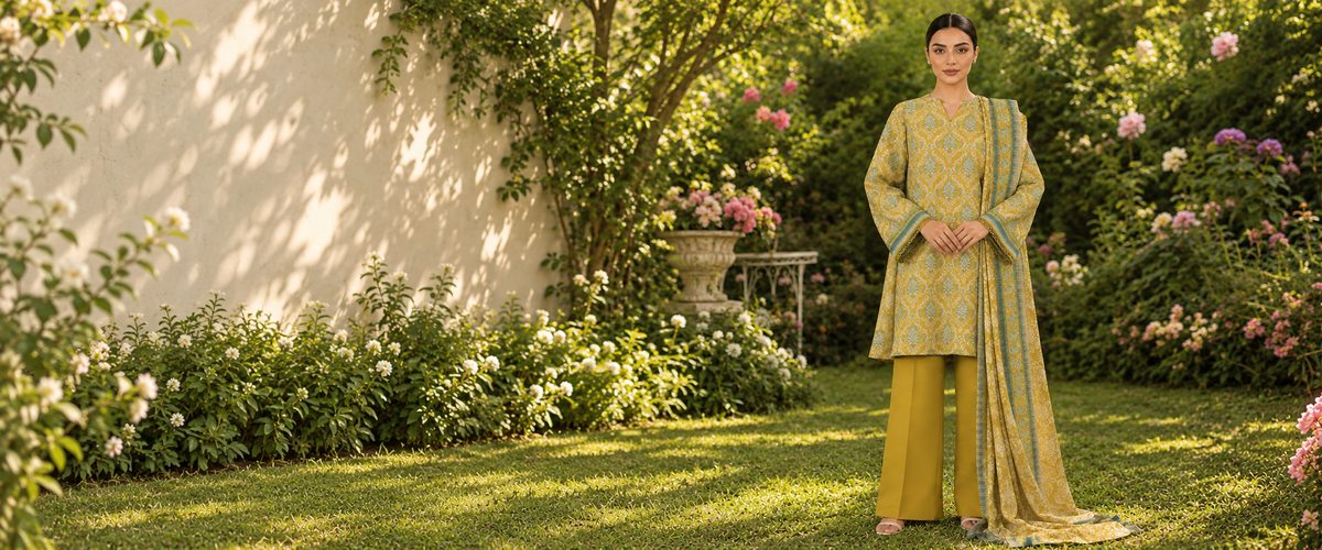 Sapphire Ochre Mosaic Printed Linen 3-Piece Suit | CL16-158