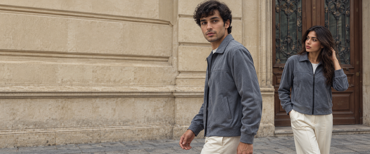 Two models wearing grey suede-style jackets