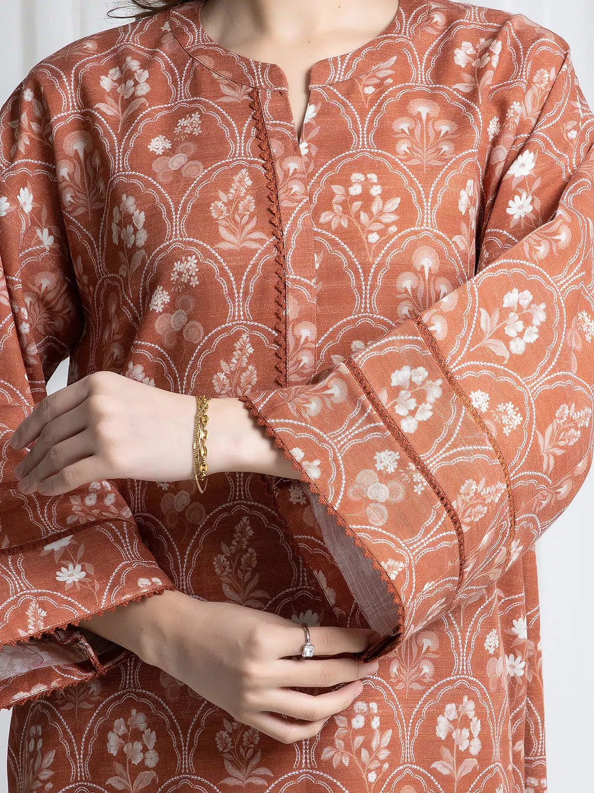 Edenrobe Allure Brown Printed Khaddar 3-Piece Suit | EWU6A3-37049-3P
