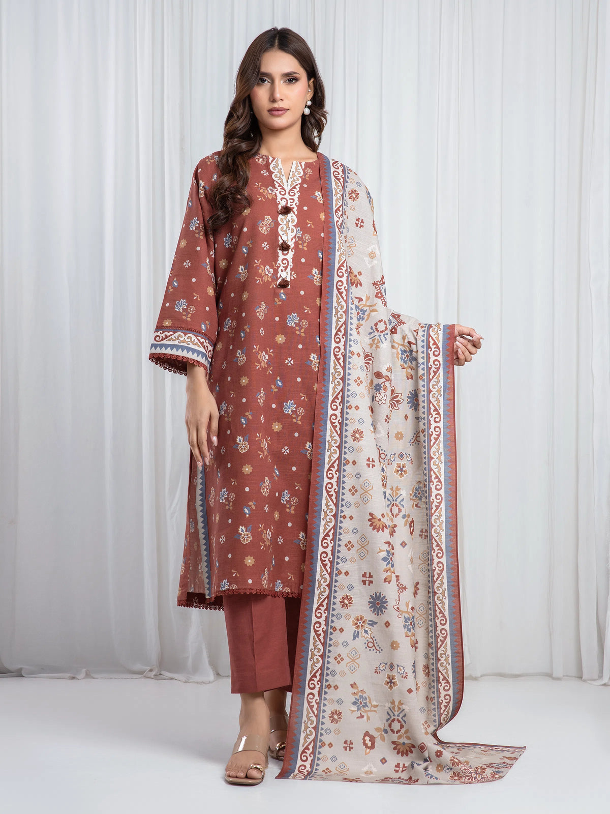 Edenrobe Allure Brown Printed Khaddar 3-Piece Suit | EWU6A3-37080-3P