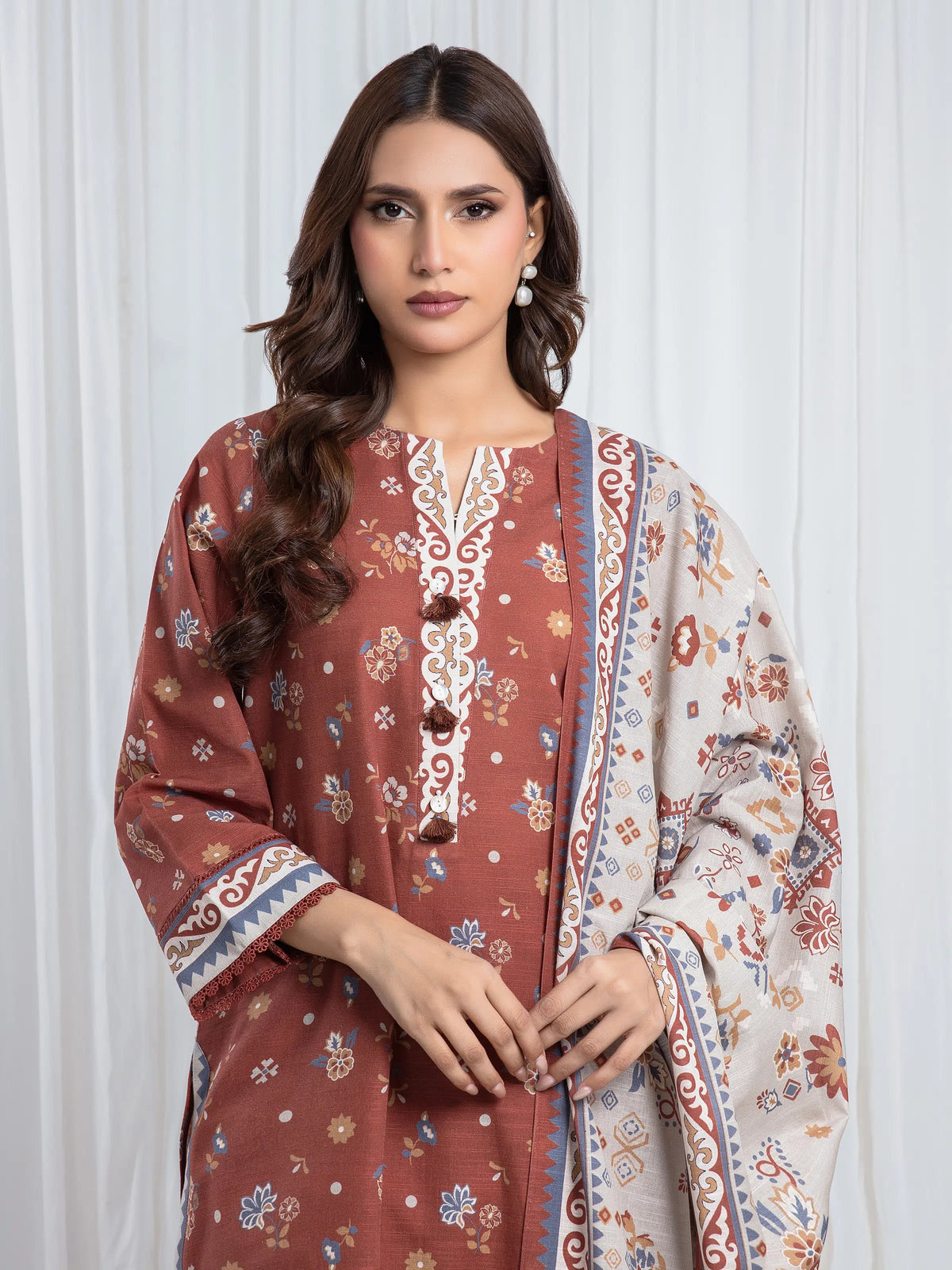 Edenrobe Allure Brown Printed Khaddar 3-Piece Suit | EWU6A3-37080-3P