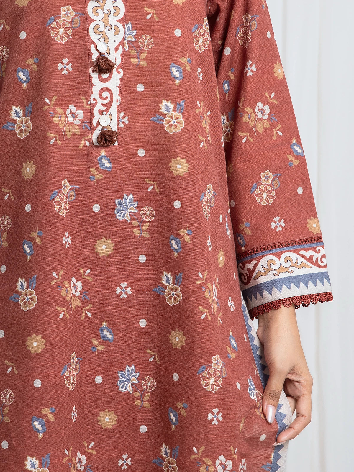 Edenrobe Allure Brown Printed Khaddar 3-Piece Suit | EWU6A3-37080-3P