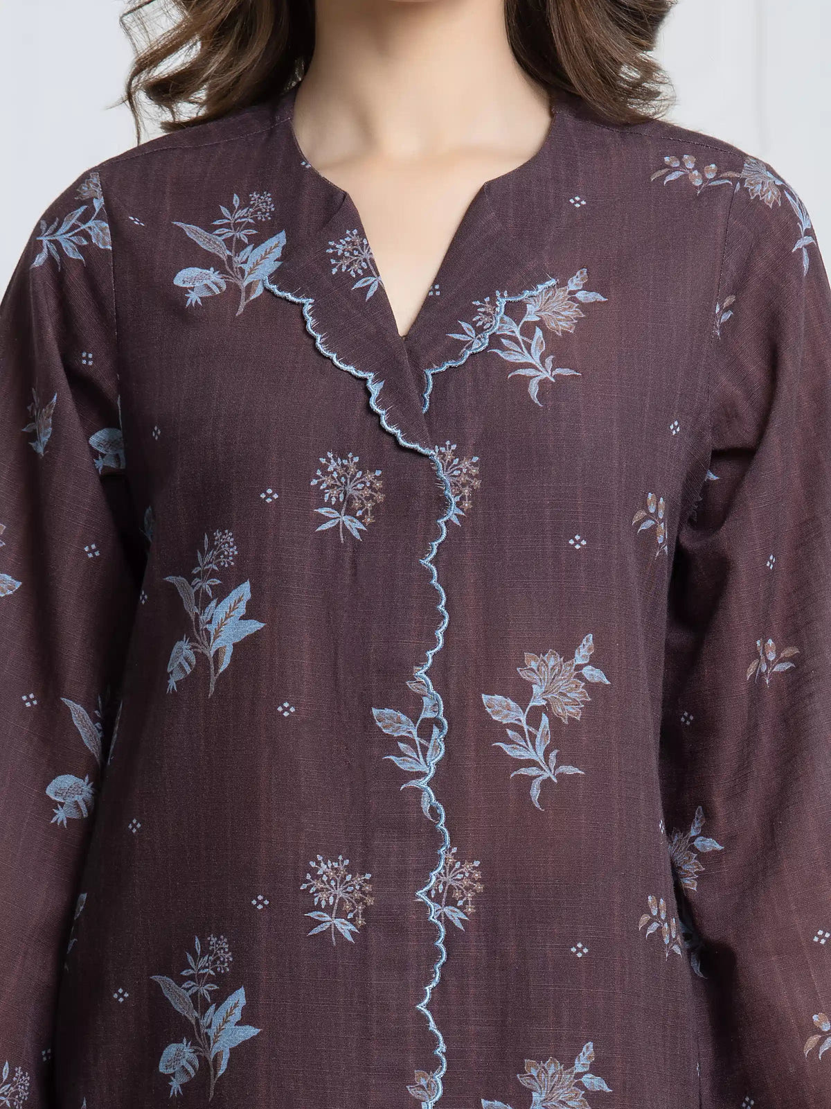 Edenrobe Allure Brown Printed Khaddar 3-Piece Suit | EWU6A3-37091-3P