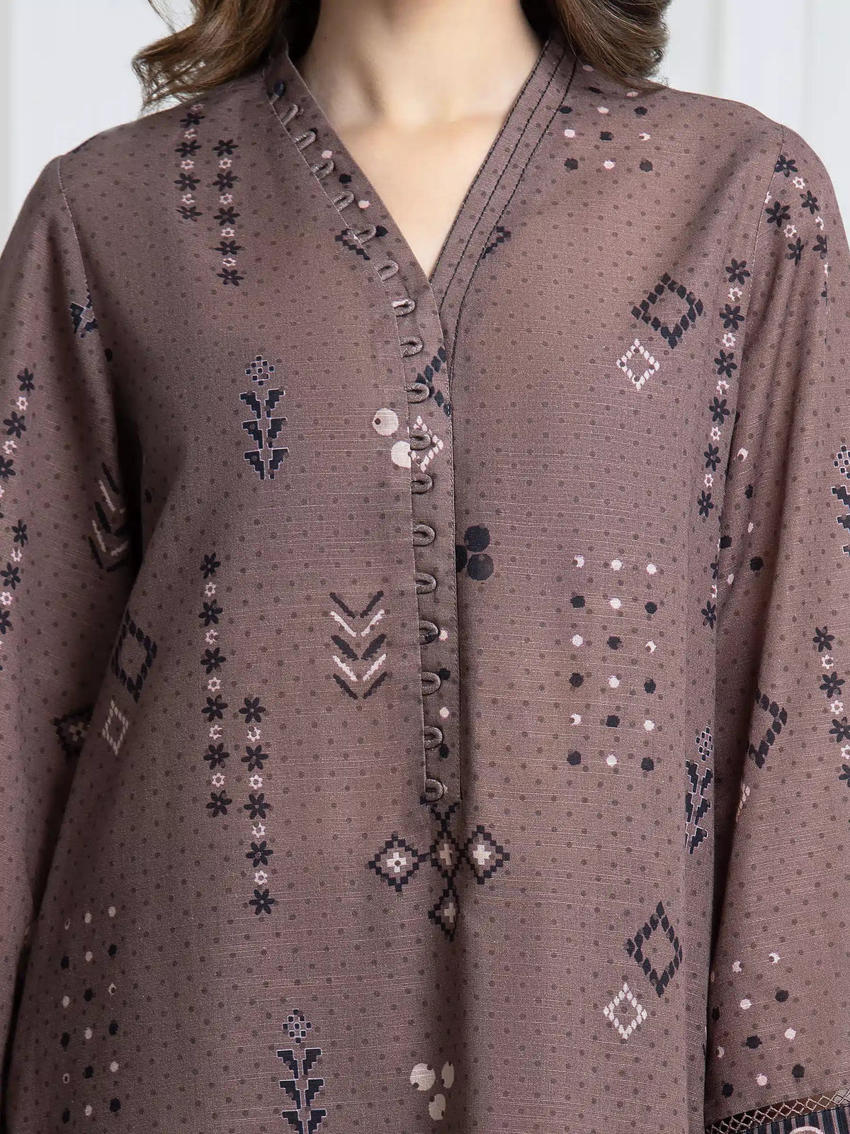 Edenrobe Allure Brown Printed Khaddar 3-Piece Suit | EWU6A3-37094-3P