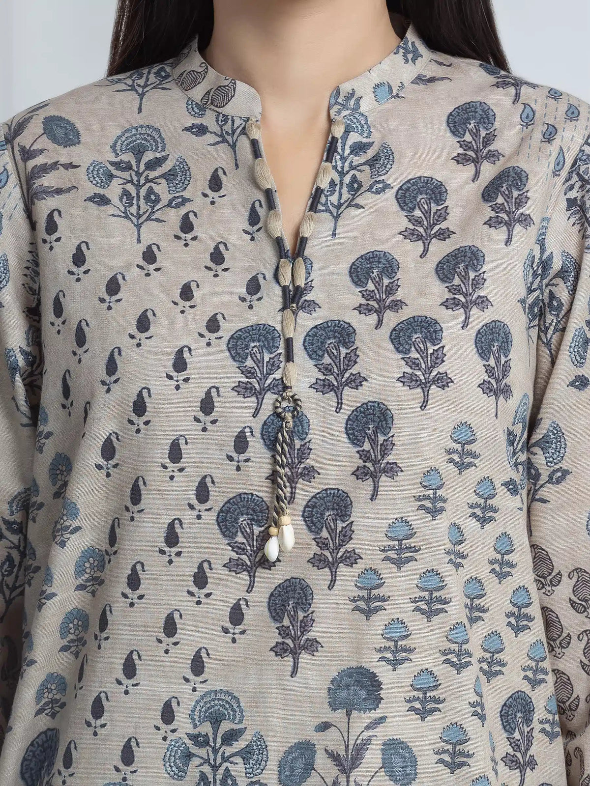 Edenrobe Allure Beige Printed Khaddar 3-Piece Suit | EWU6A3-37108-3P