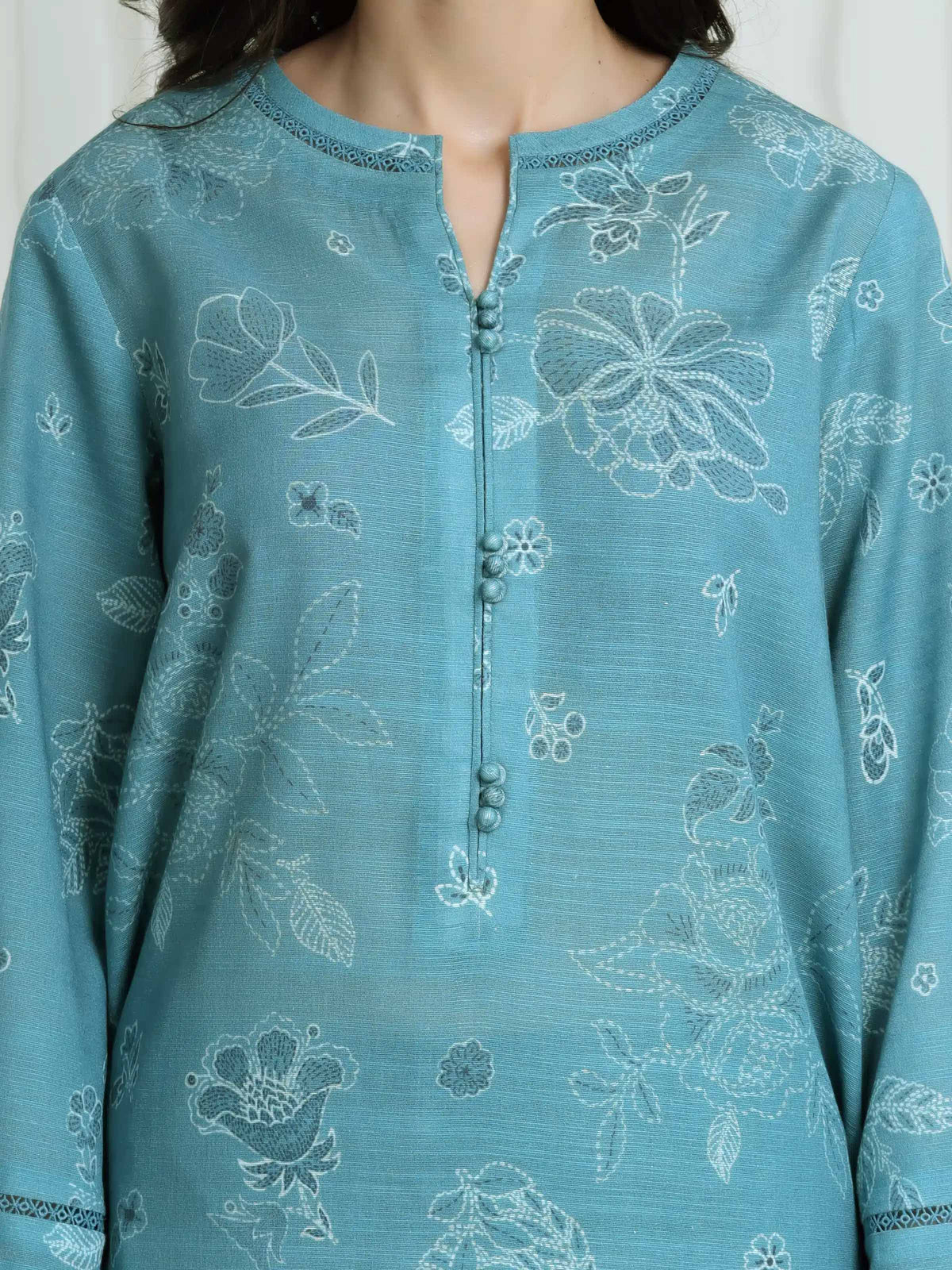 Edenrobe Allure Teal Printed Khaddar 3-Piece Suit | EWU6A3-37116-3P