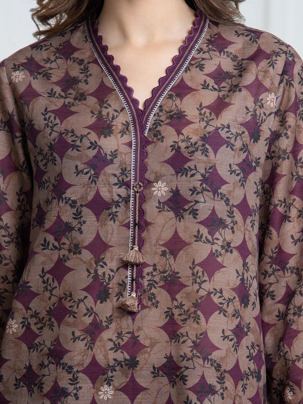Edenrobe Allure Brown Printed Khaddar 3-Piece Suit | EWU6A3-37144-3P