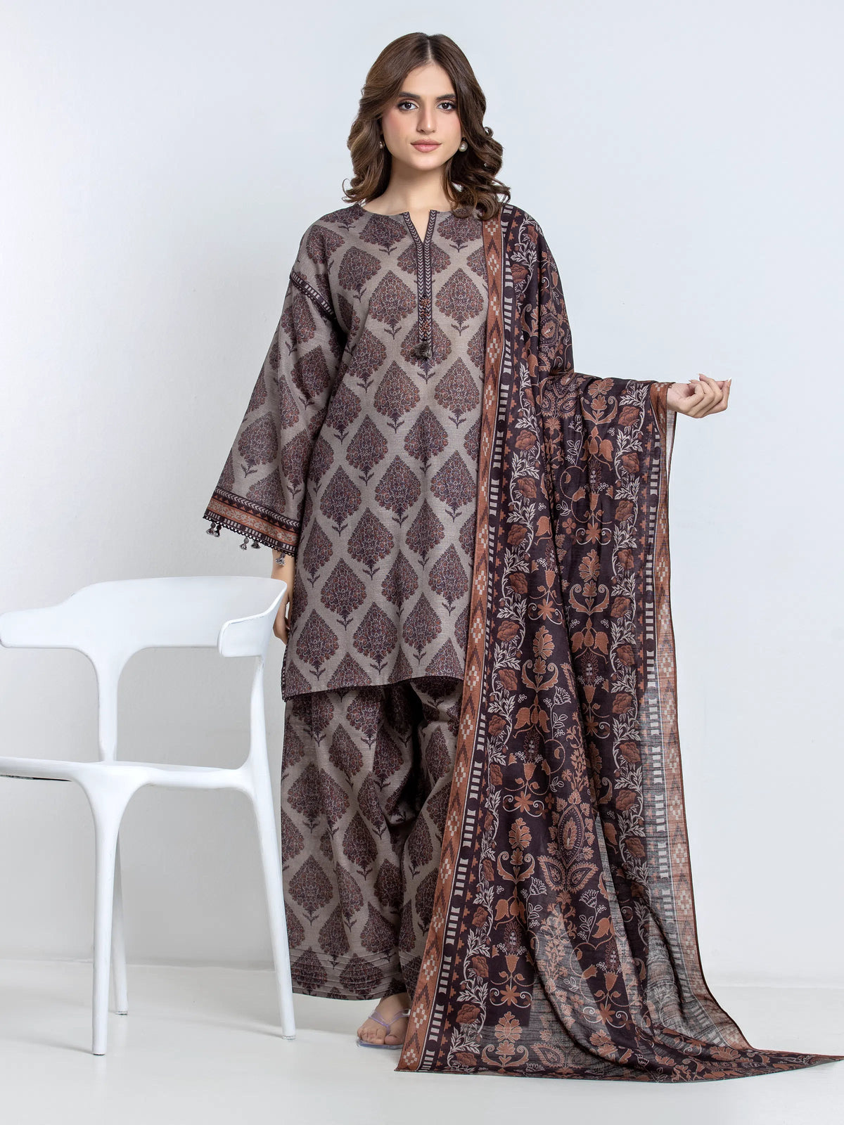 Edenrobe Allure Sage Printed Khaddar 3-Piece Suit | EWU6A3-37178-3P