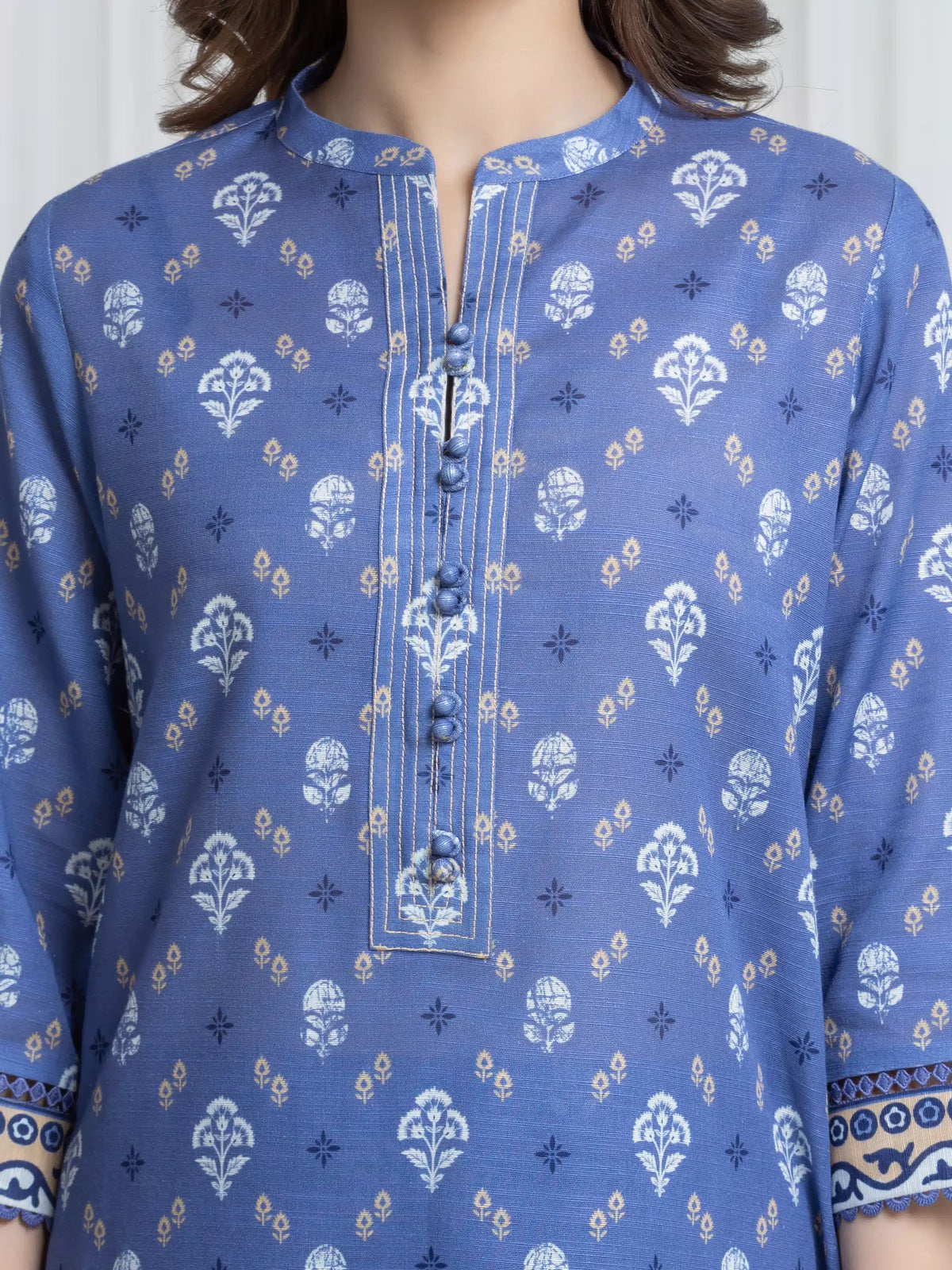 Edenrobe Allure Blue Printed Khaddar 3-Piece Suit | EWU6A3-37180-3P