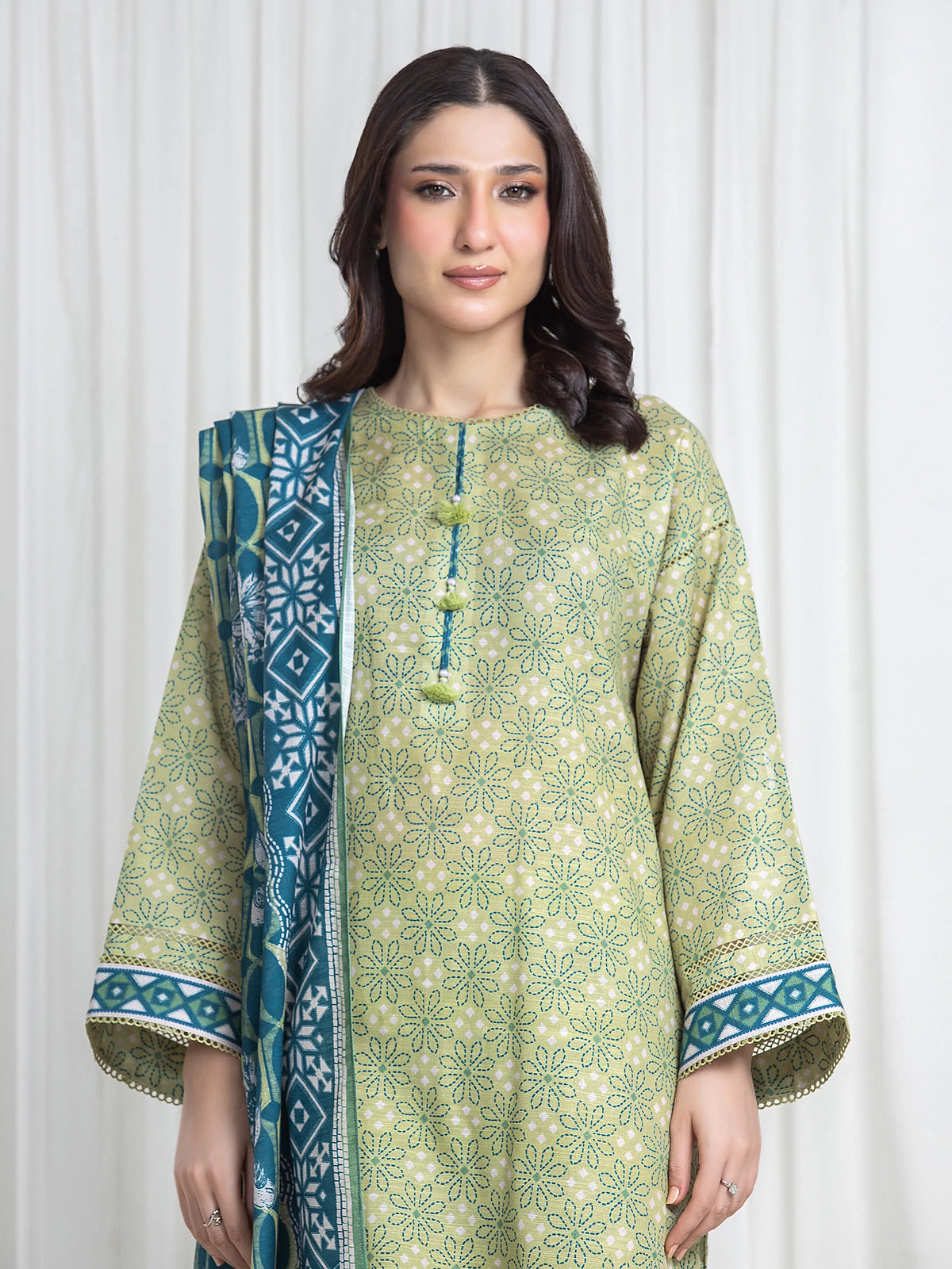 Edenrobe Allure Lime Printed Khaddar 3-Piece Suit | EWU6A3-37185-3P