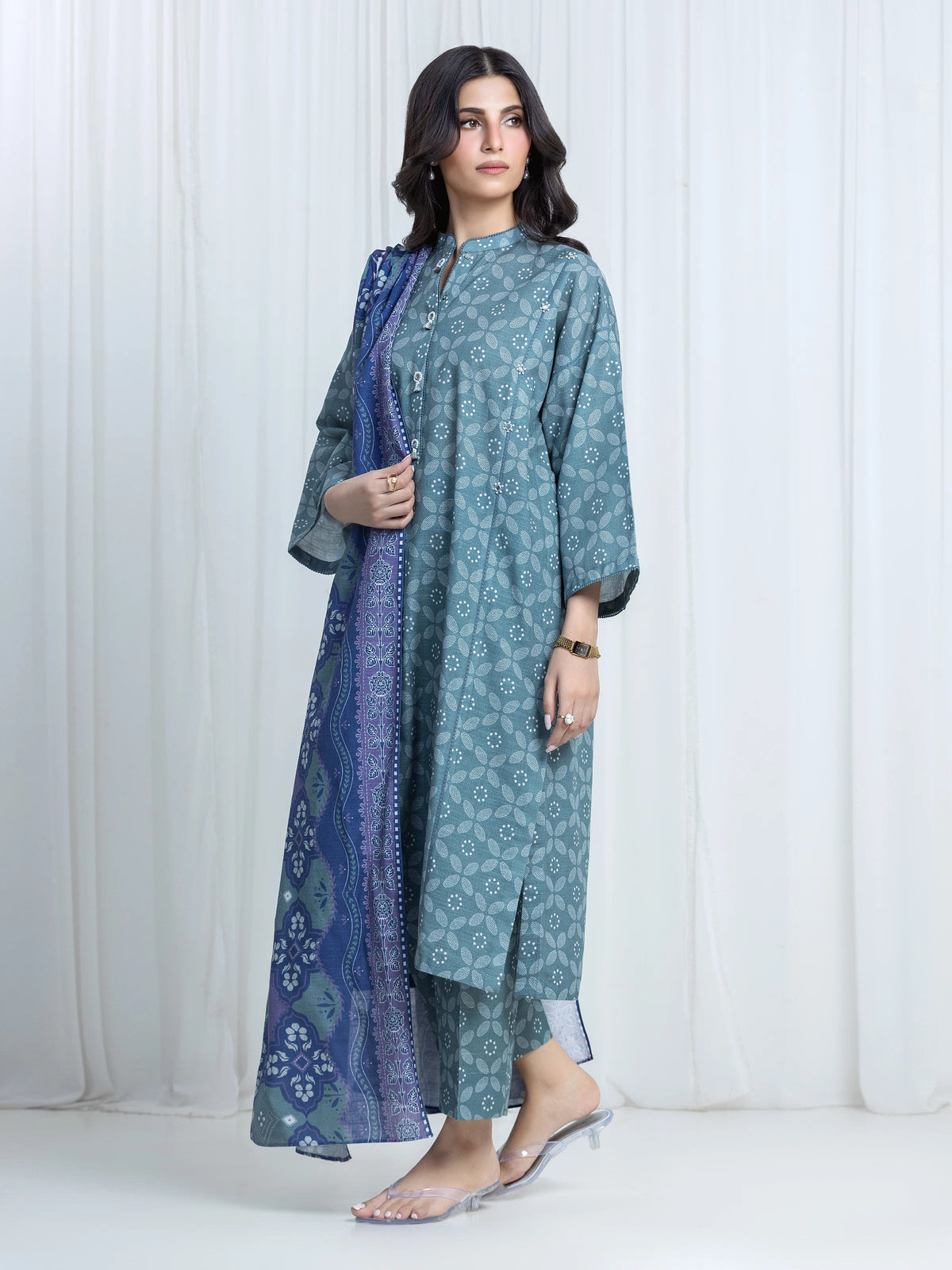Edenrobe Allure Teal Printed Khaddar 3-Piece Suit | EWU6A3-37196-3P