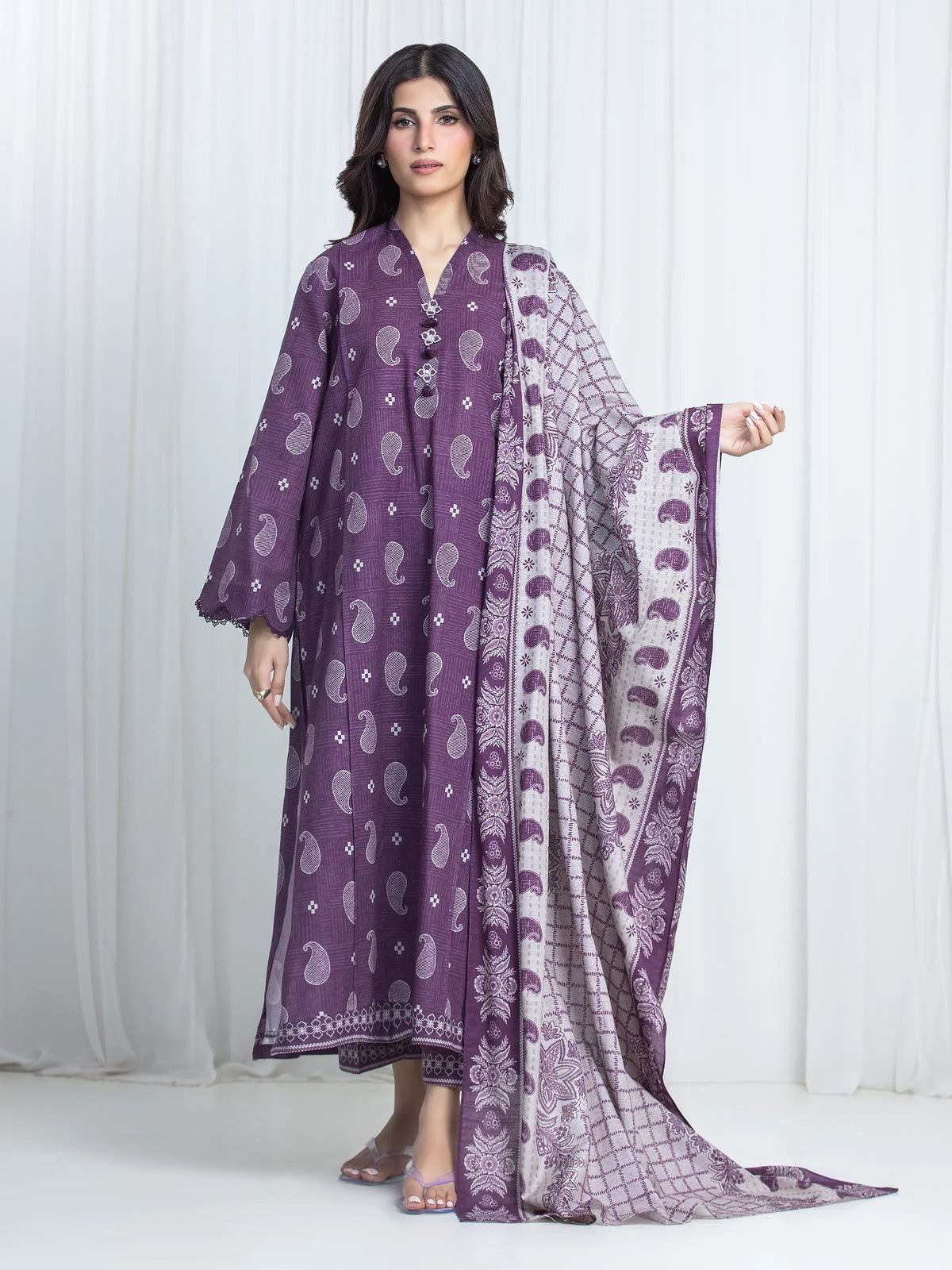 Edenrobe Allure Purple Printed Khaddar 3-Piece Suit | EWU6A3-37210-3P