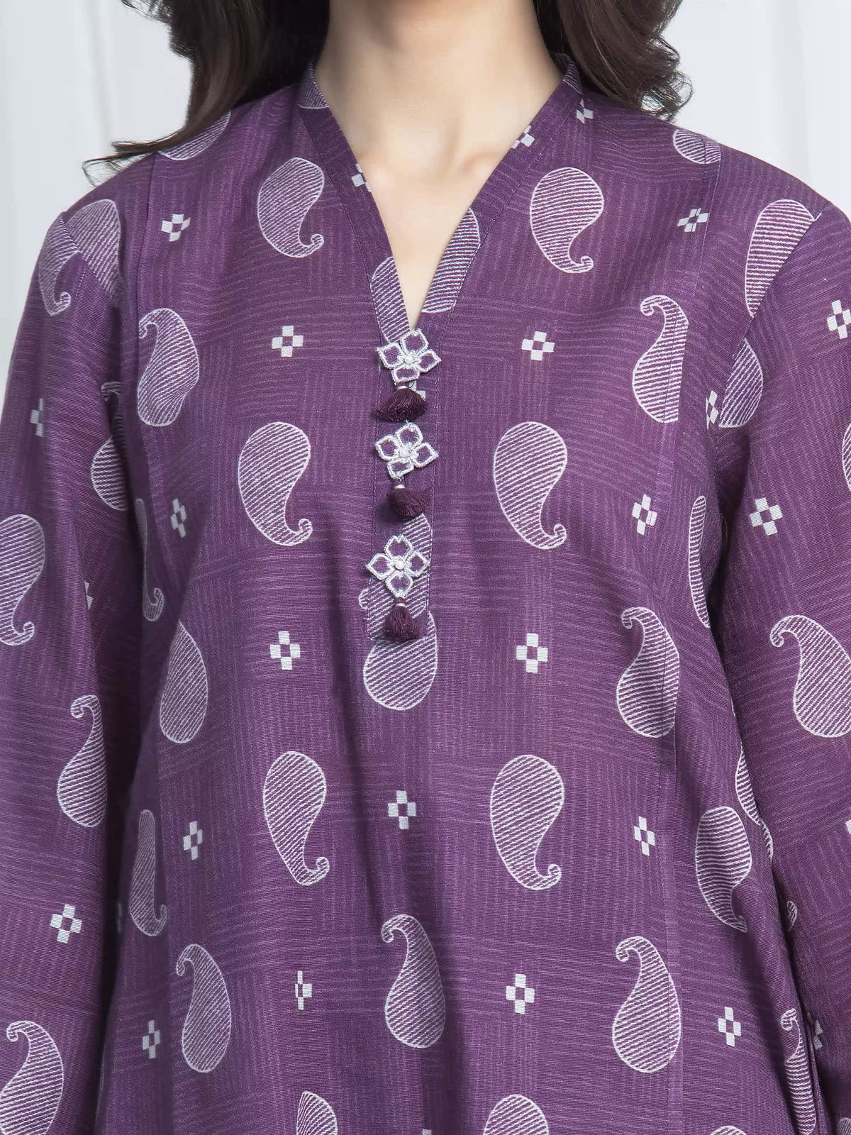 Edenrobe Allure Purple Printed Khaddar 3-Piece Suit | EWU6A3-37210-3P