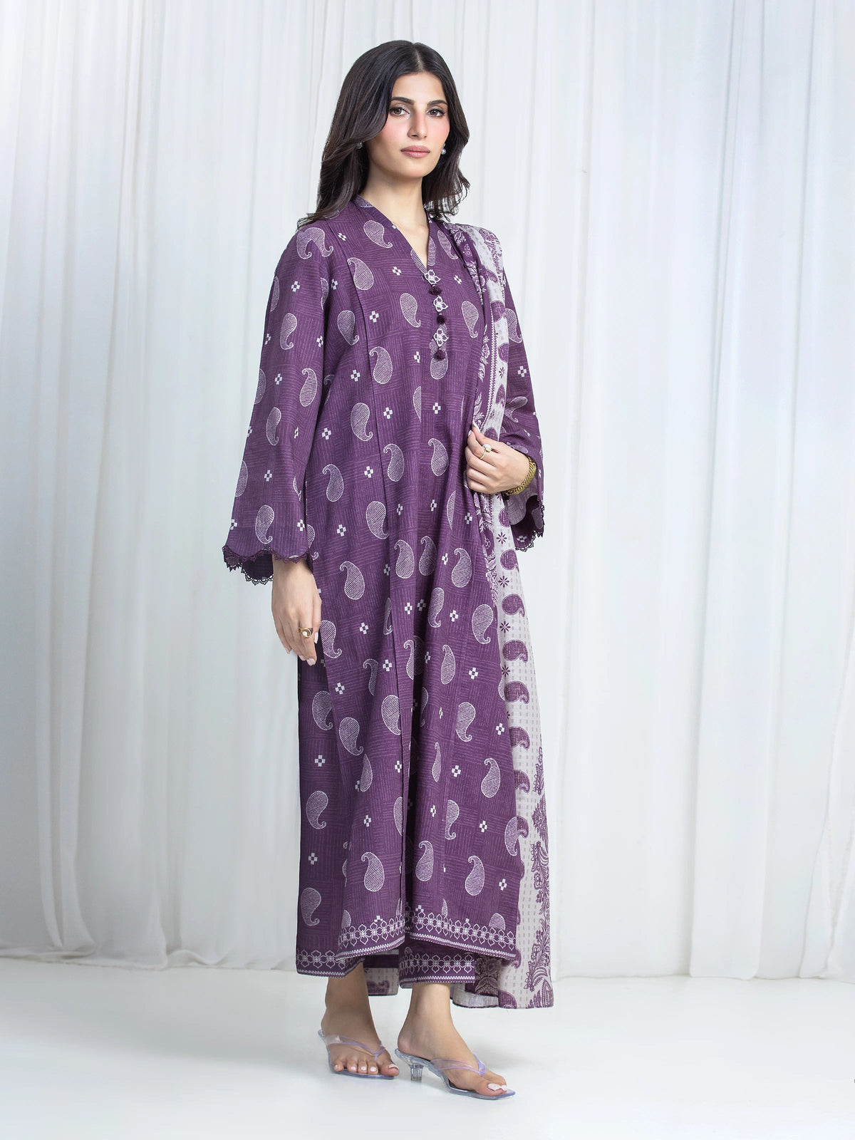 Edenrobe Allure Purple Printed Khaddar 3-Piece Suit | EWU6A3-37210-3P