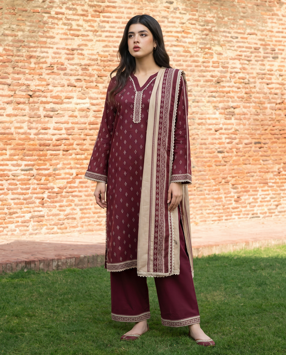 Bin Saeed Maroon Printed 3-Piece Suit | 24166