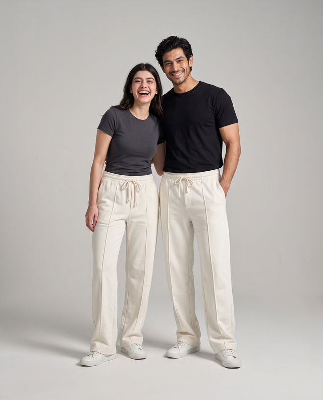 Imported terry trousers in off-white ecru, front view, unisex