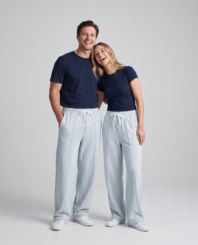 Imported terry trousers in ice grey, front view, unisex