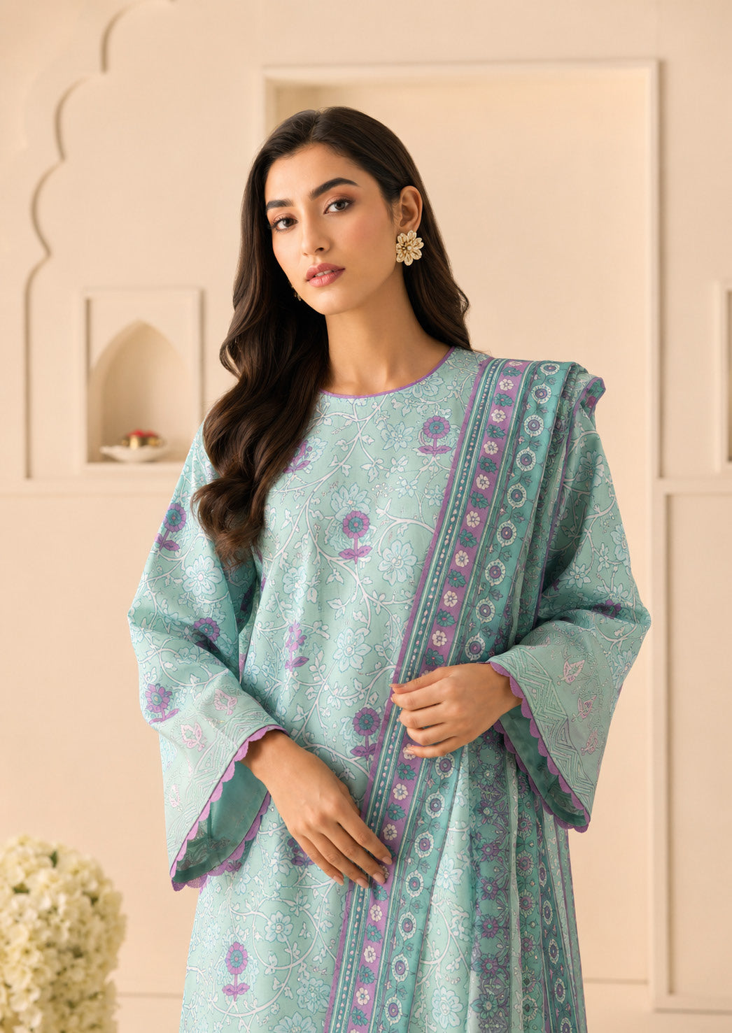 Sapphire Mint Embroidered Linen 3-Piece Suit | CL11-101