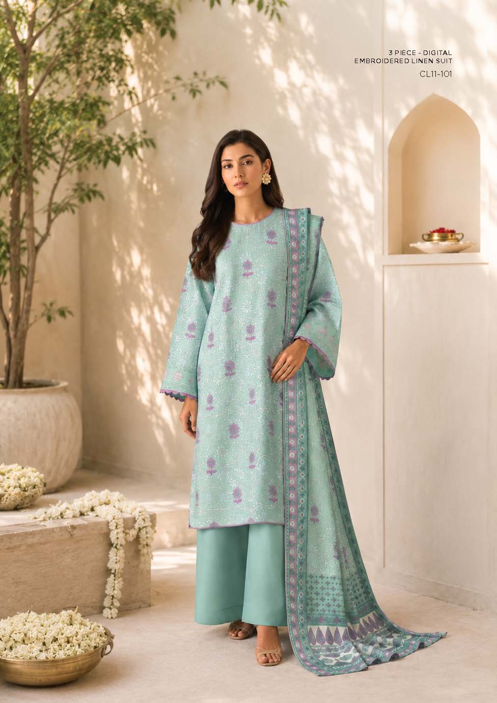 Sapphire Mint Embroidered Linen 3-Piece Suit | CL11-101