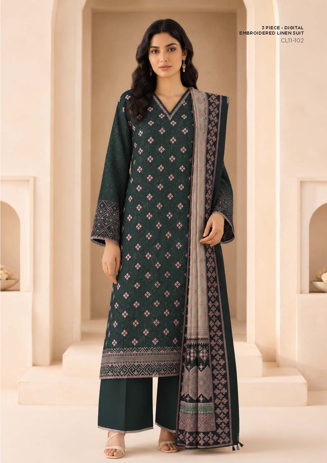 Sapphire Deep Green Embroidered Linen 3-Piece Suit | CL11-102