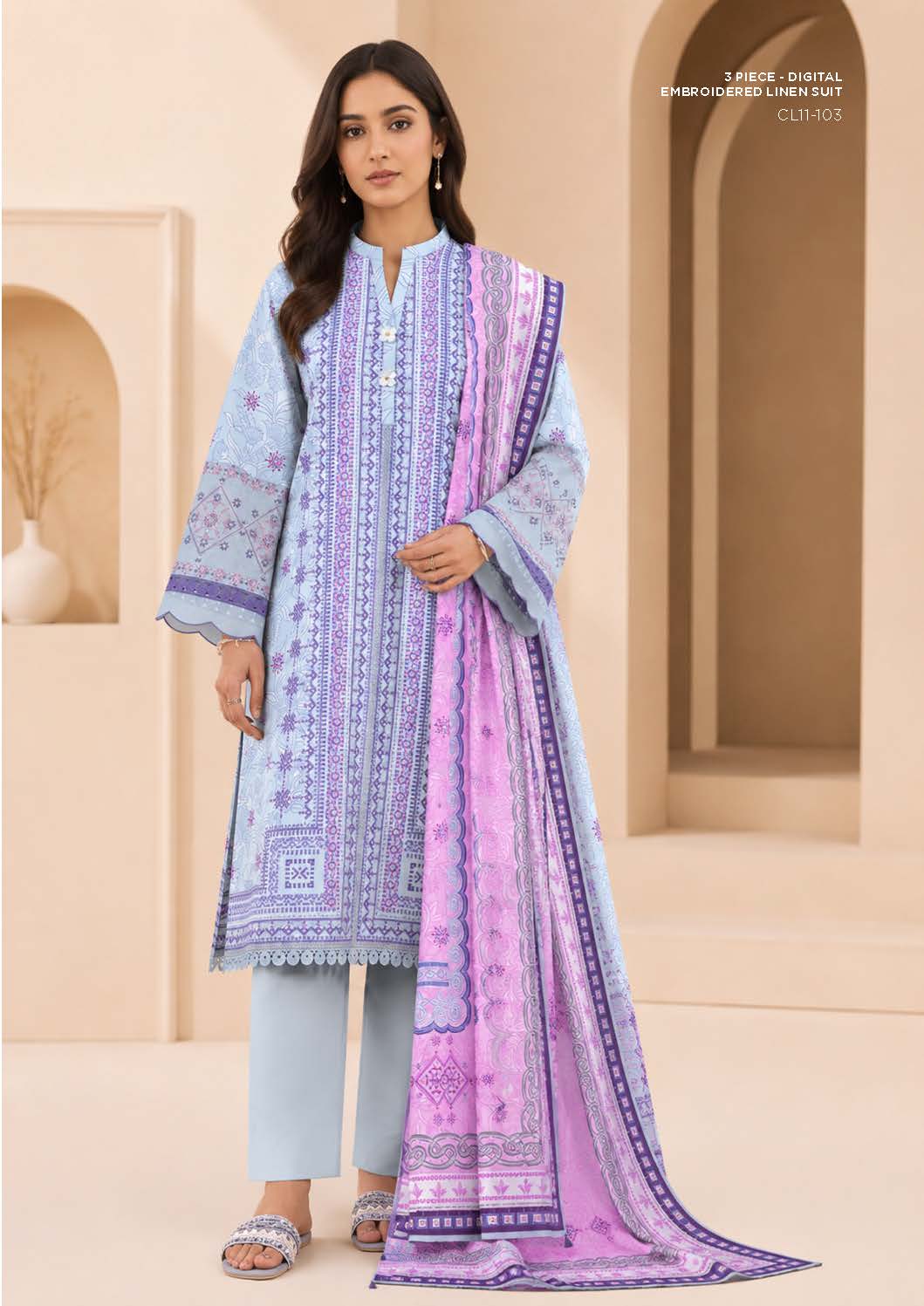 Sapphire Lilac Embroidered Linen 3-Piece Suit | CL11-103
