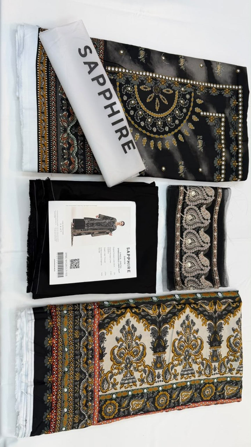 Sapphire Charcoal Embroidered Linen 3-Piece Suit | CL11-105