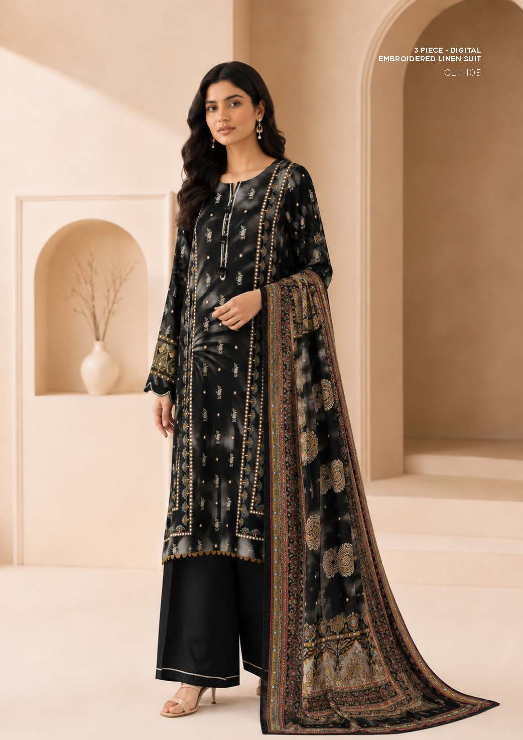 Sapphire Charcoal Embroidered Linen 3-Piece Suit | CL11-105