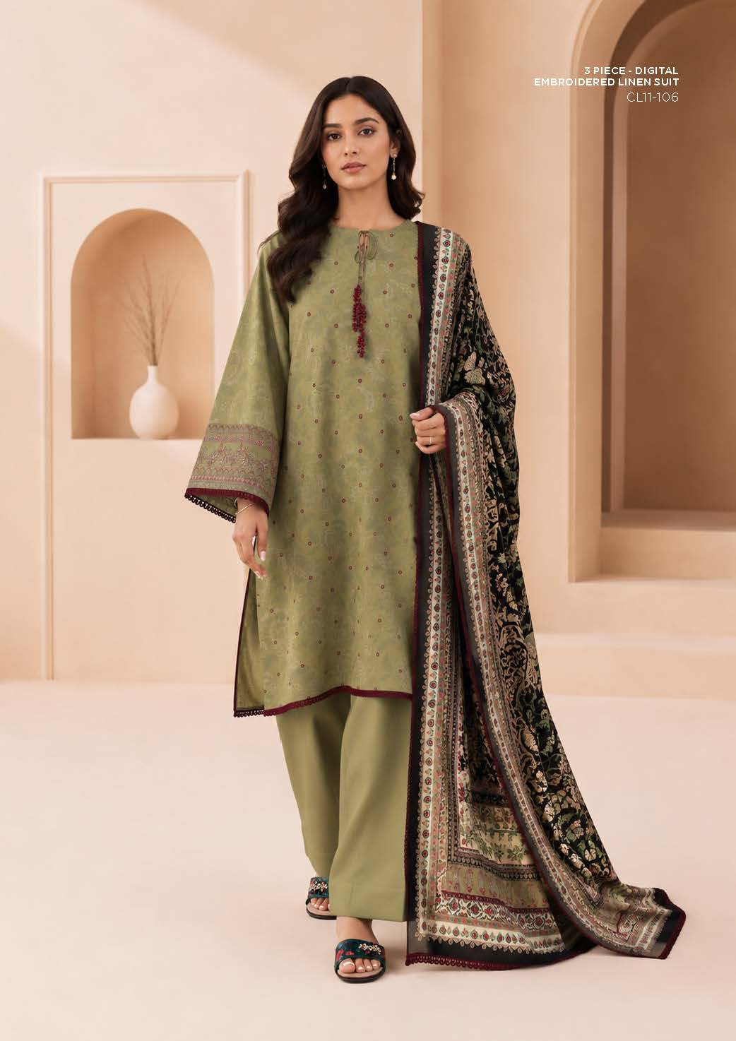 Sapphire Olive Embroidered Linen 3-Piece Suit | CL11-106