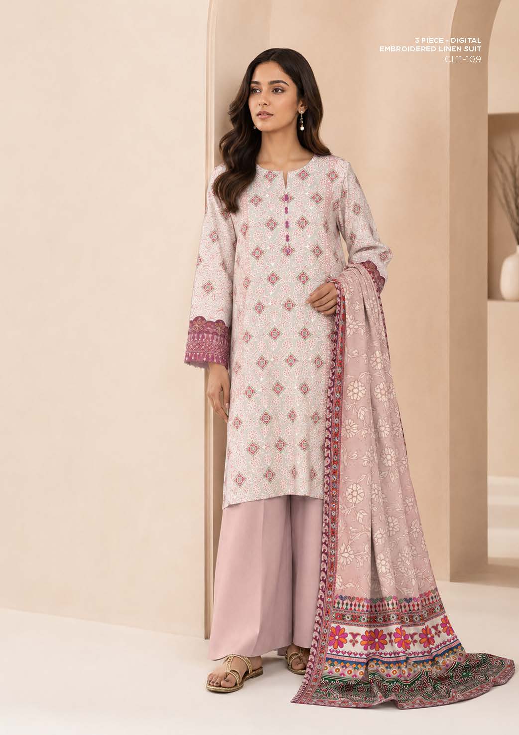 Sapphire Blush Embroidered Linen 3-Piece Suit | CL11-109