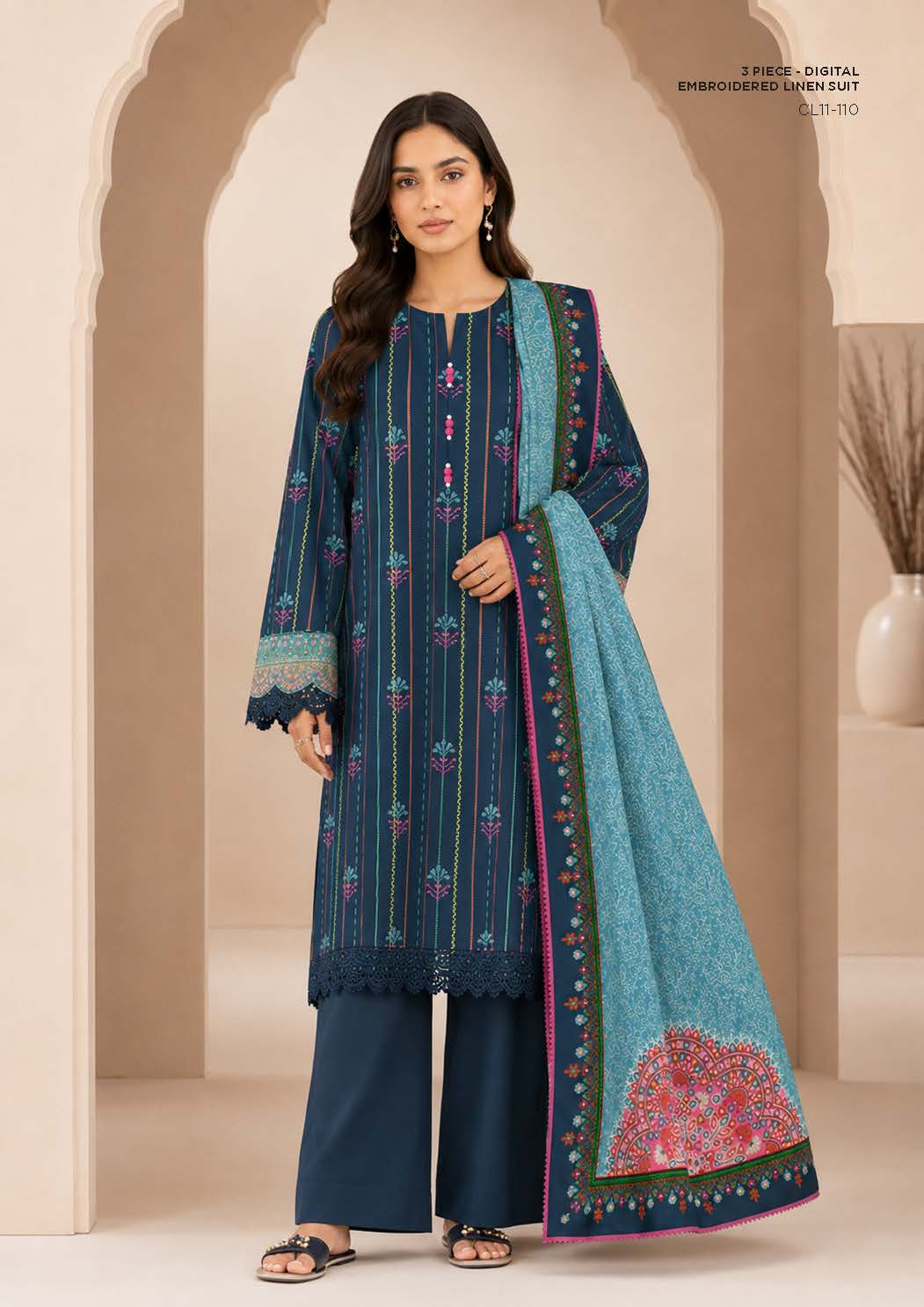 Sapphire Navy Embroidered Linen 3-Piece Suit | CL11-110