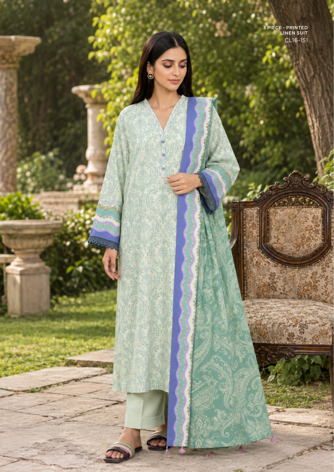 Sapphire Mint Reverie Printed Linen 3-Piece Suit | CL16-151