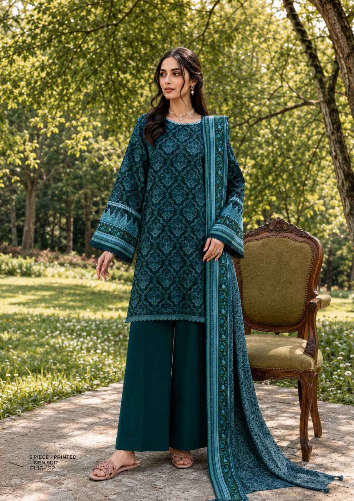 Sapphire Teal Tapestry Printed Linen 3-Piece Suit | CL16-152