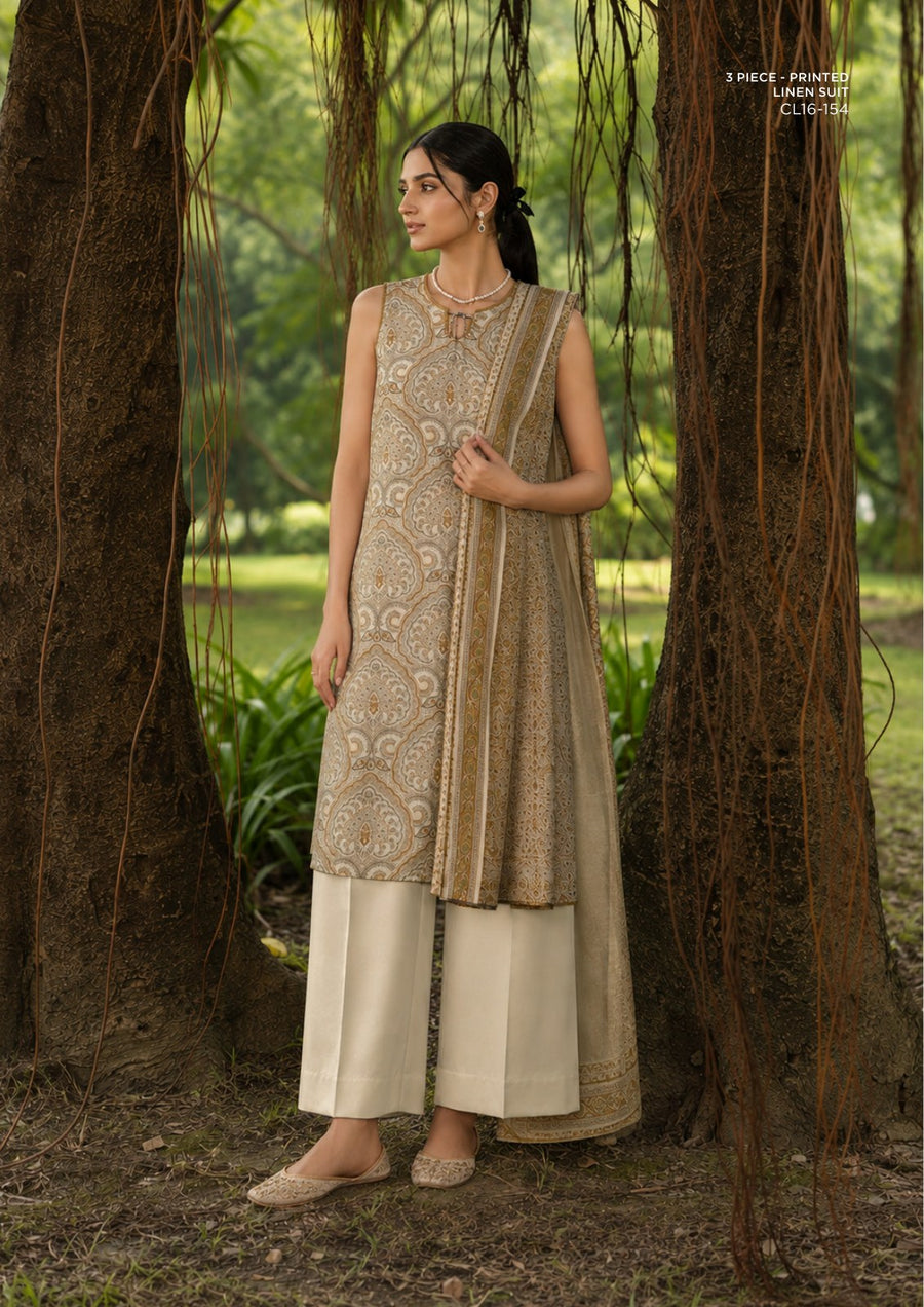 Sapphire Sand Paisley Printed Linen 3-Piece Suit | CL16-154
