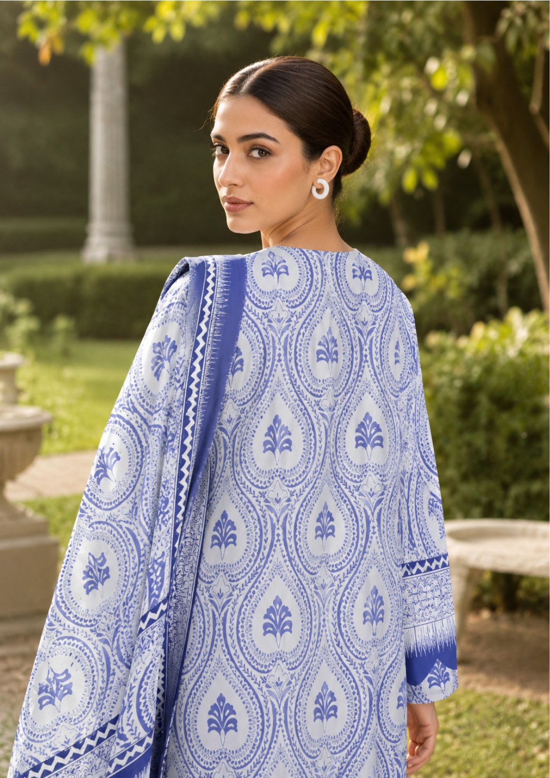 Sapphire Periwinkle Motif Printed Linen 3-Piece Suit | CL16-155