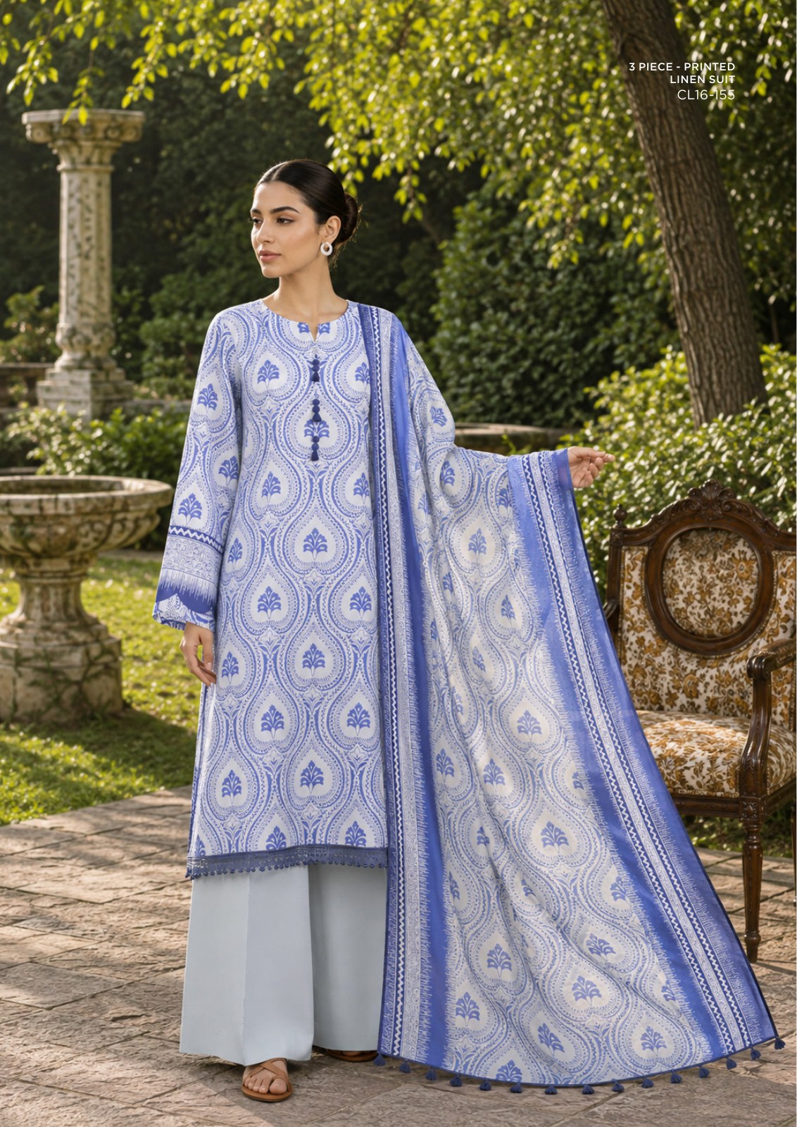 Sapphire Periwinkle Motif Printed Linen 3-Piece Suit | CL16-155