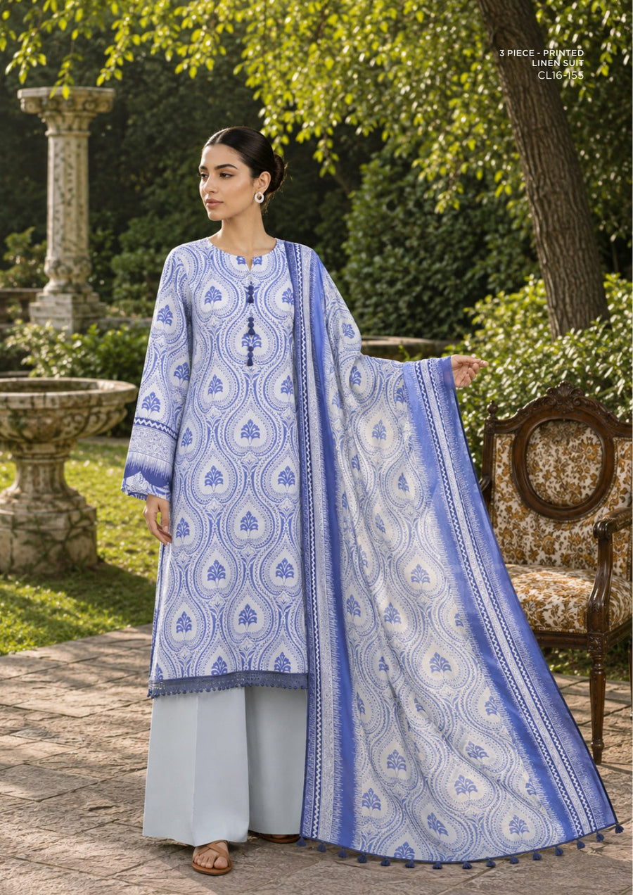 Sapphire Periwinkle Motif Printed Linen 3-Piece Suit | CL16-155