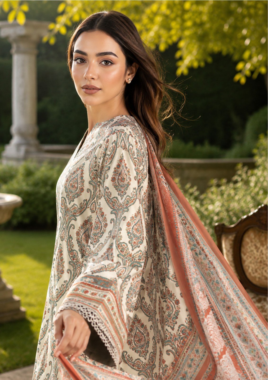 Sapphire Stone Coral Printed Linen 3-Piece Suit | CL16-157