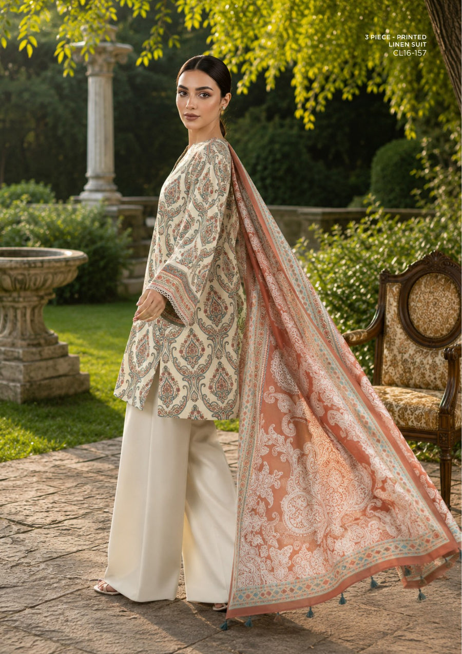 Sapphire Stone Coral Printed Linen 3-Piece Suit | CL16-157